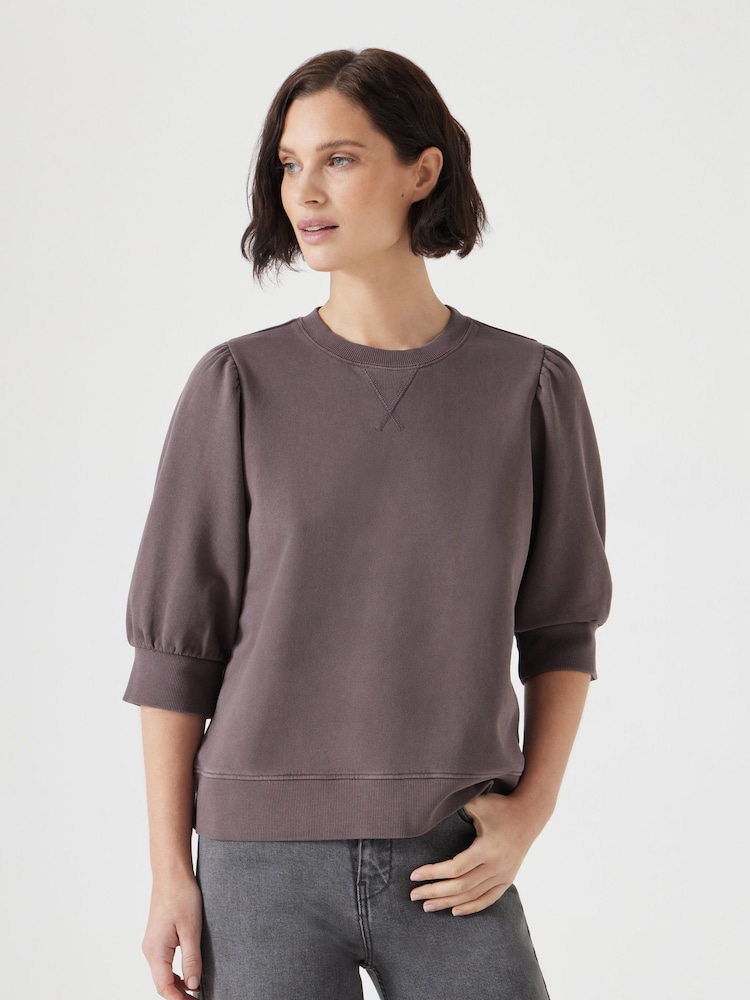 Hush Brown Puff Sleeve 100% Cotton Sweatshirt - Image 1 of 5