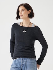 Hush Blue Chrome Fine Knit Slash Neck Seam Detail T-Shirts - Image 1 of 5
