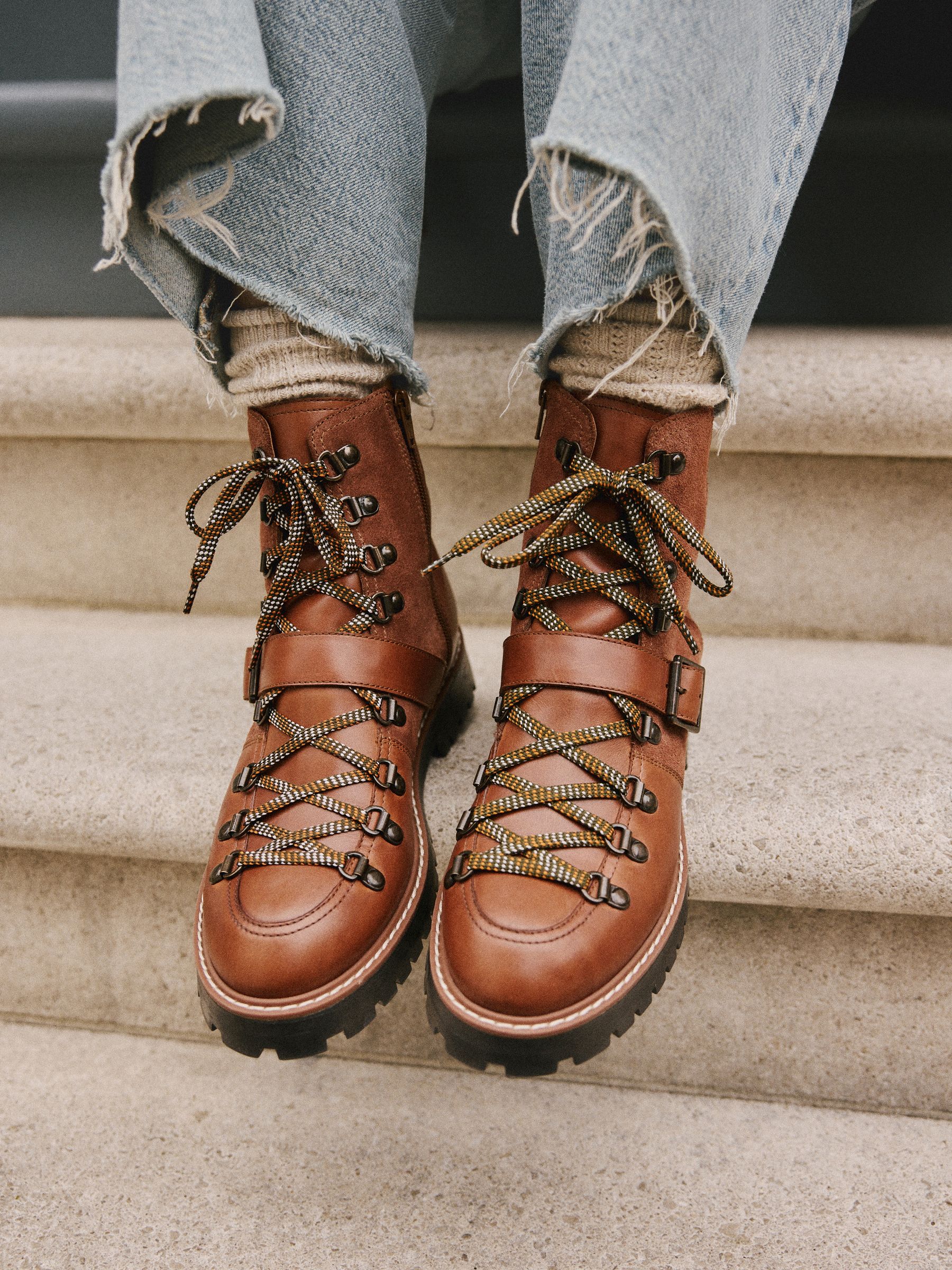 Buy Tan Brown Leather Forever Comfort® Buckle Trim Lace Up Boots