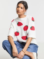 Simply Be White Fruit Print Half Sleeve Knitted Jumper - Image 1 of 4