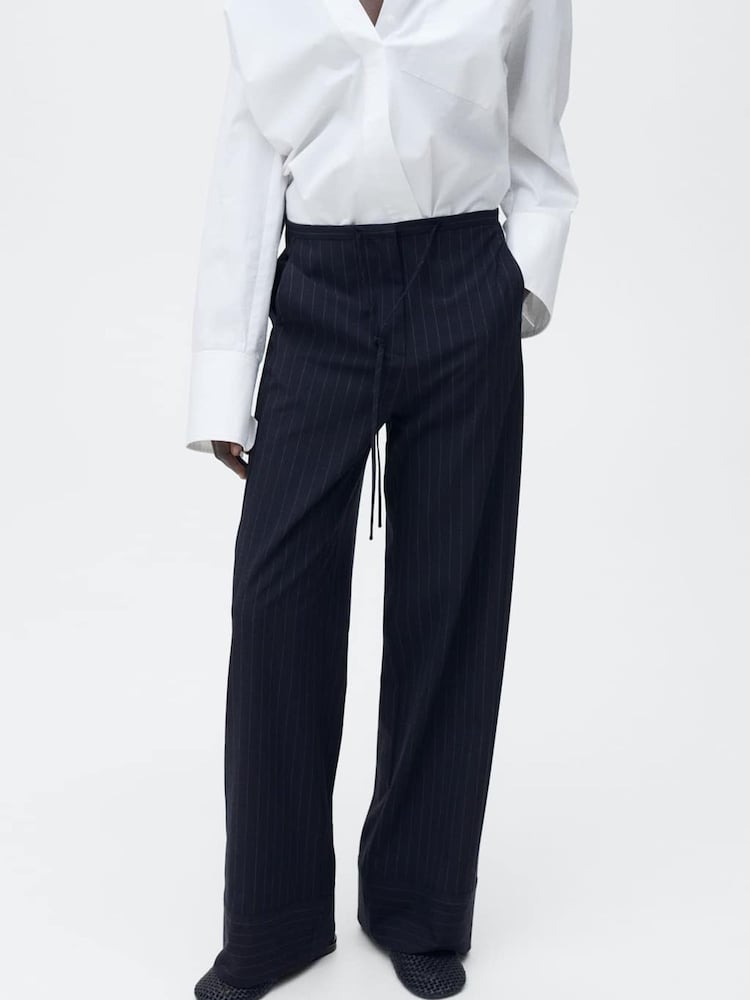 Mango Navy Chalk Stripe Straight Trousers - Image 1 of 7 Mango Navy Chalk Stripe Straight Trousers - Image 1 of 7