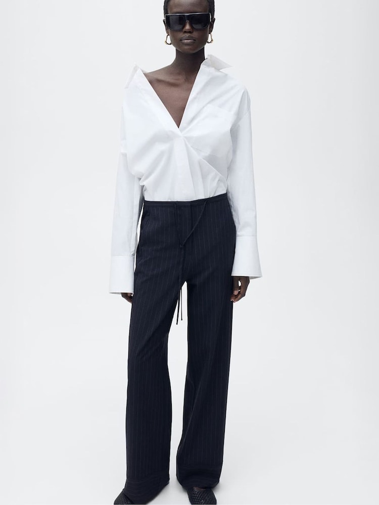Mango Navy Chalk Stripe Straight Trousers - Image 2 of 7