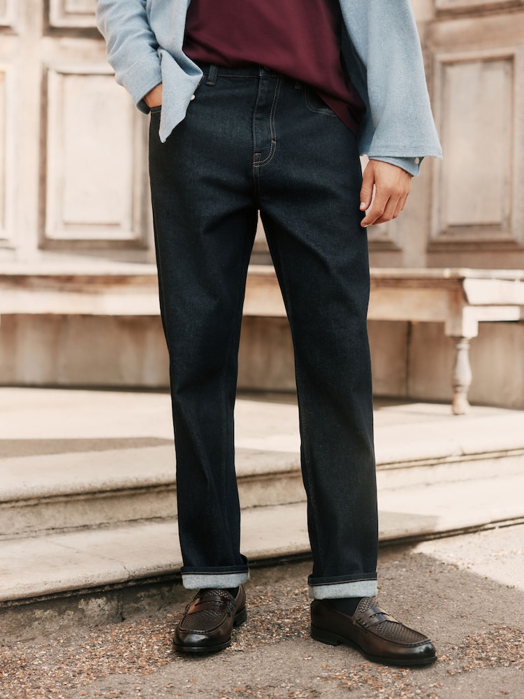 Blue Indigo Rinse Straight Fit Signature Brushed Cosy Denim Jeans With Wool - Image 1 of 3 Blue Indigo Rinse Straight Fit Signature Brushed Cosy Denim Jeans With Wool - Image 1 of 3