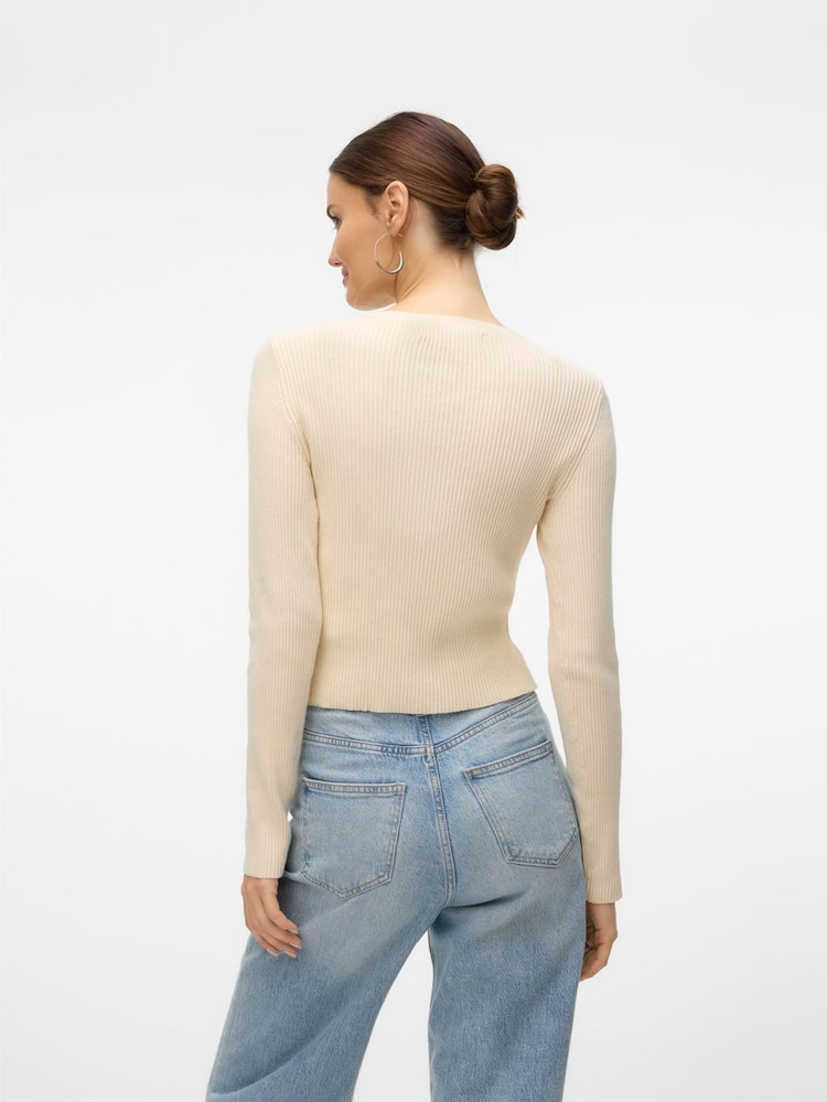 VERO MODA Cream V Neck Rib Knitted Cardigan - Image 2 of 5