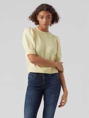 VERO MODA Buttermilk Yellow Round Neck Puff Sleeve Knitted Jumper - Image 1 of 4