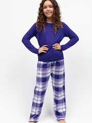 Cyberjammies Purple Minijammies Check Bottoms and Long Sleeve Slouch Top Pyjamas Set - Image 1 of 4