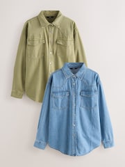 Mid Blue and Khaki Green Oversized Denim Shirts 2 Pack - Image 1 of 7