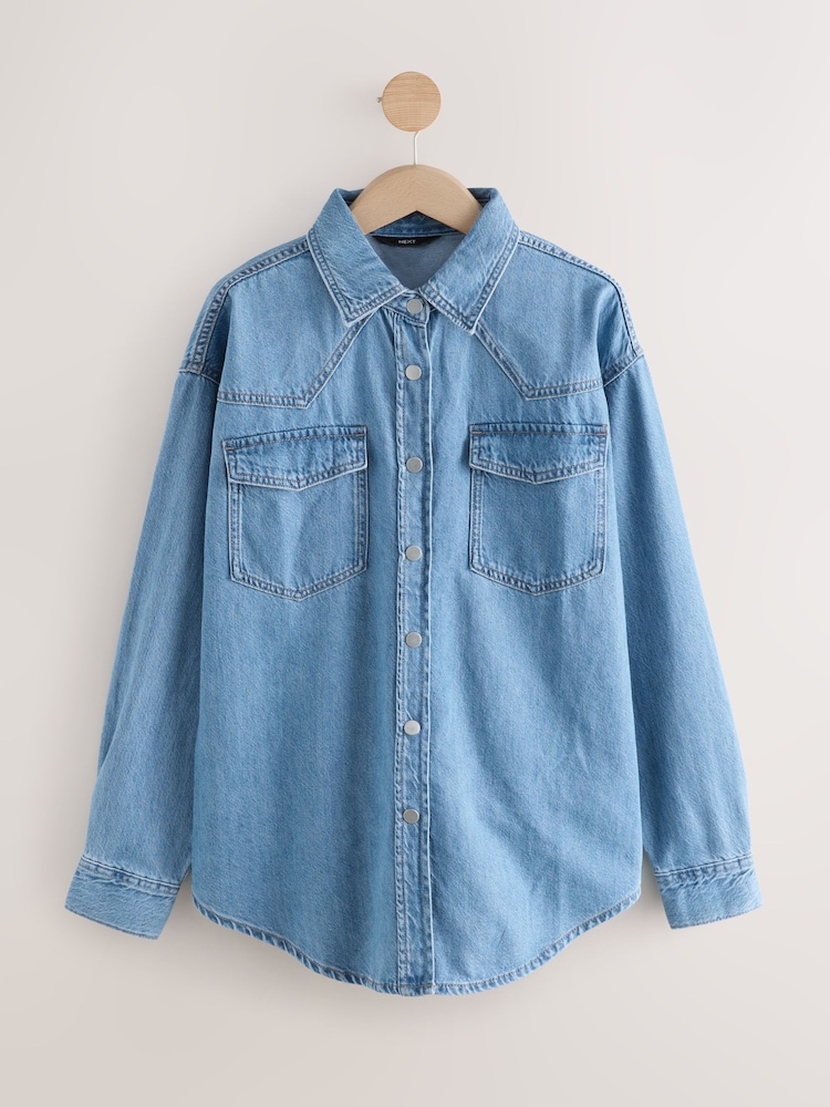 Mid Blue and Khaki Green Oversized Denim Shirts 2 Pack - Image 2 of 7