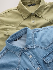 Mid Blue and Khaki Green Oversized Denim Shirts 2 Pack - Image 4 of 7