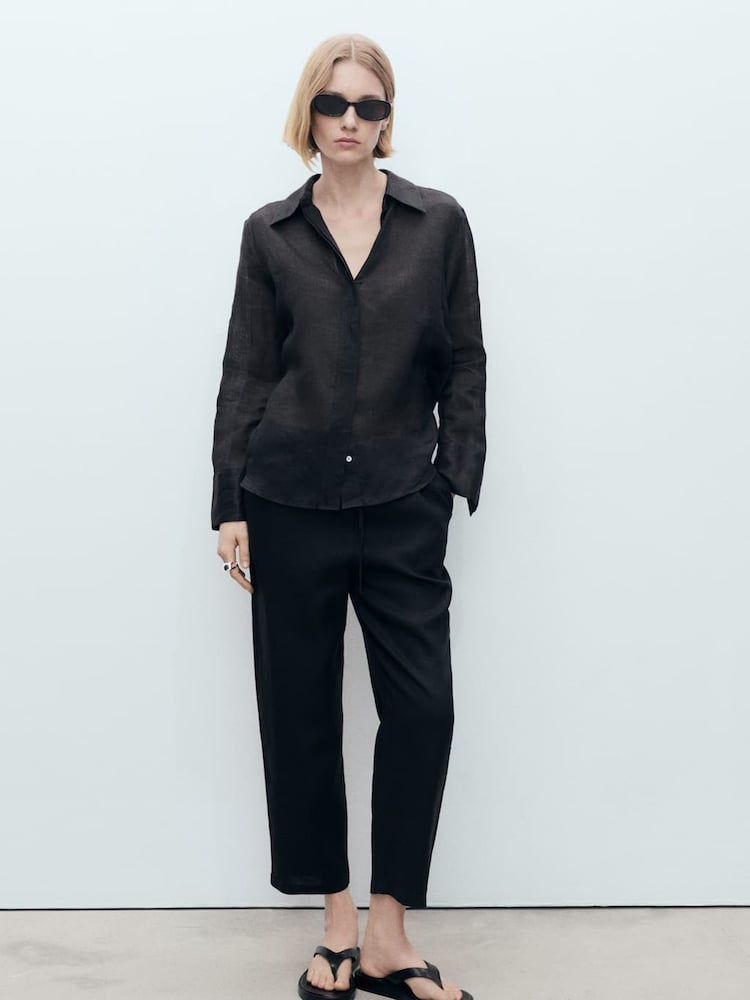 Mango Black Linen Straight Leg Trousers - Image 2 of 6