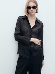 Mango Black Linen Straight Leg Trousers - Image 4 of 6