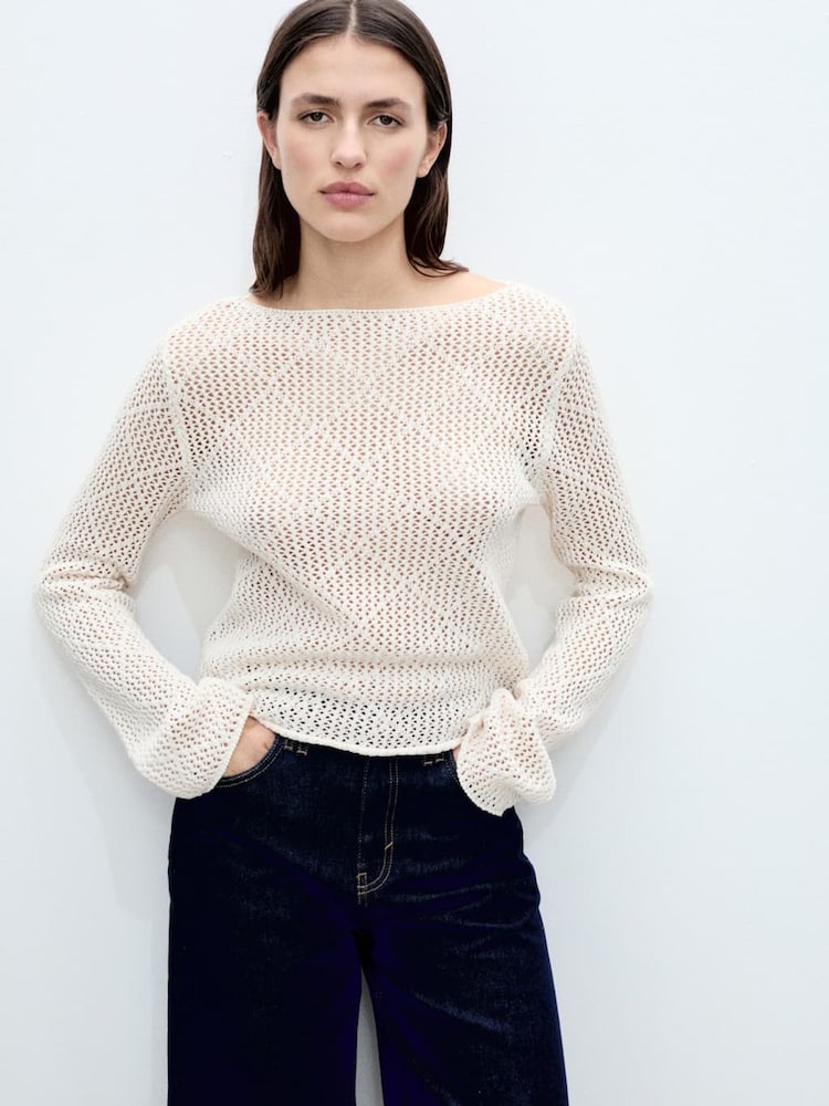 Mango Cream Openwork Knit Crochet Cotton Sweater - Image 1 of 7 Mango Cream Openwork Knit Crochet Cotton Sweater - Image 1 of 7