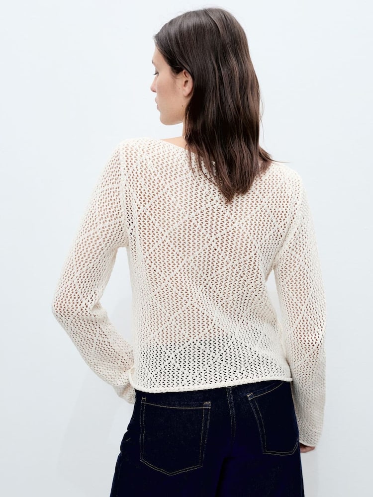 Mango Cream Openwork Knit Crochet Cotton Sweater - Image 2 of 7 Mango Cream Openwork Knit Crochet Cotton Sweater - Image 2 of 7