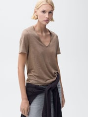 Mango Brown Linen Short Sleeve T-Shirt - Image 1 of 6