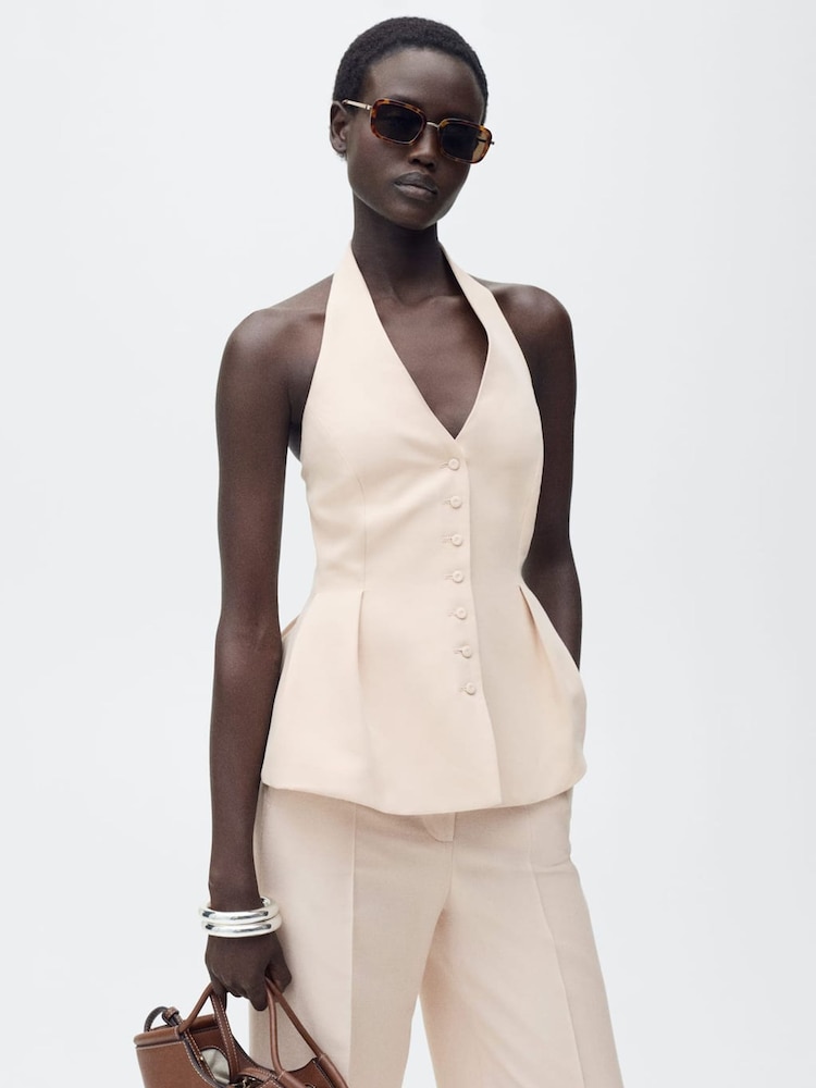 Mango Cream Pleated Halter Neck Waistcoat - Image 2 of 7