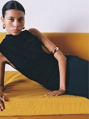 Mango Black Sleeveless Draped Midi Dress - Image 5 of 7