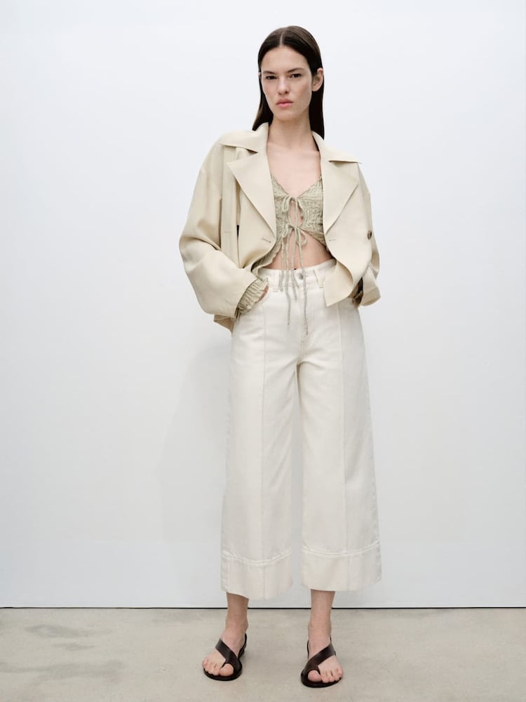Mango Cream Wide Leg 100% Cotton Crop Jeans - Image 1 of 6