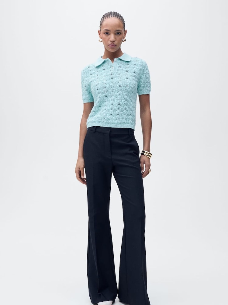 Mango Blue Openwork Crochet Knitted Polo-Neck Jumper - Image 1 of 6