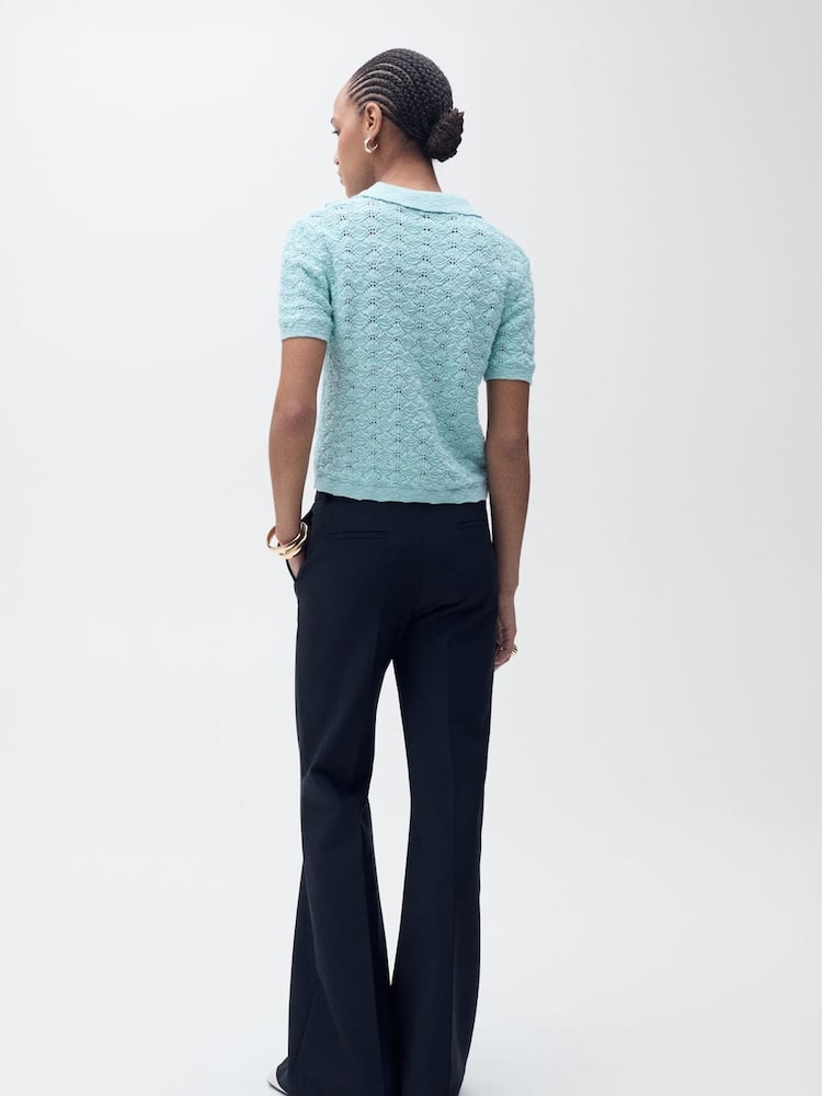 Mango Blue Openwork Crochet Knitted Polo-Neck Jumper - Image 2 of 6
