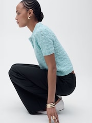 Mango Blue Openwork Crochet Knitted Polo-Neck Jumper - Image 3 of 6