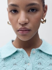 Mango Blue Openwork Crochet Knitted Polo-Neck Jumper - Image 4 of 6