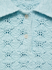 Mango Blue Openwork Crochet Knitted Polo-Neck Jumper - Image 6 of 6
