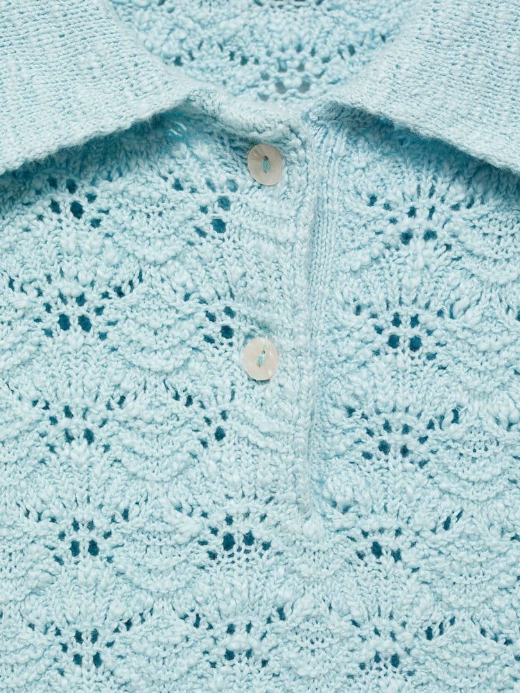 Mango Blue Openwork Crochet Knitted Polo-Neck Jumper - Image 6 of 6