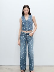 Mango Blue Floral Denim Waistcoat - Image 1 of 5