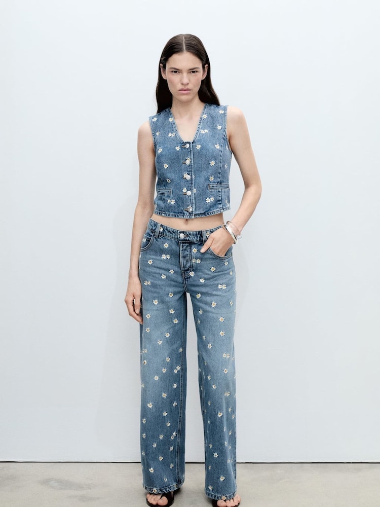 Mango Blue Floral Denim Waistcoat - Image 1 of 5