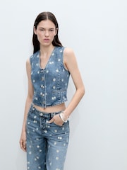 Mango Blue Floral Denim Waistcoat - Image 2 of 5