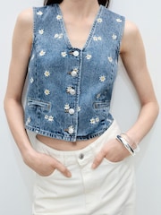 Mango Blue Floral Denim Waistcoat - Image 3 of 5
