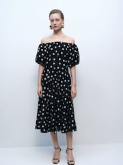 Mango Black Bardot Off Shoulder Polka Dot Occasion Midi Dress - Image 1 of 6