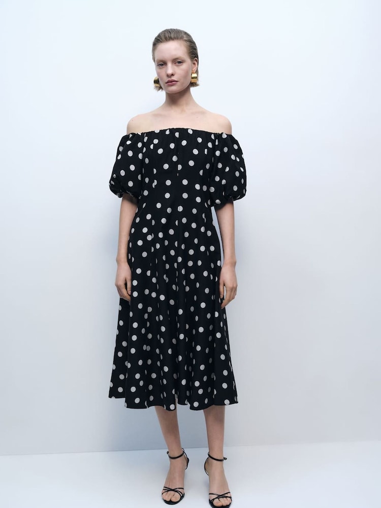 Mango Black Bardot Off Shoulder Polka Dot Occasion Midi Dress - Image 1 of 6