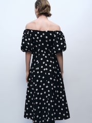 Mango Black Bardot Off Shoulder Polka Dot Occasion Midi Dress - Image 2 of 6