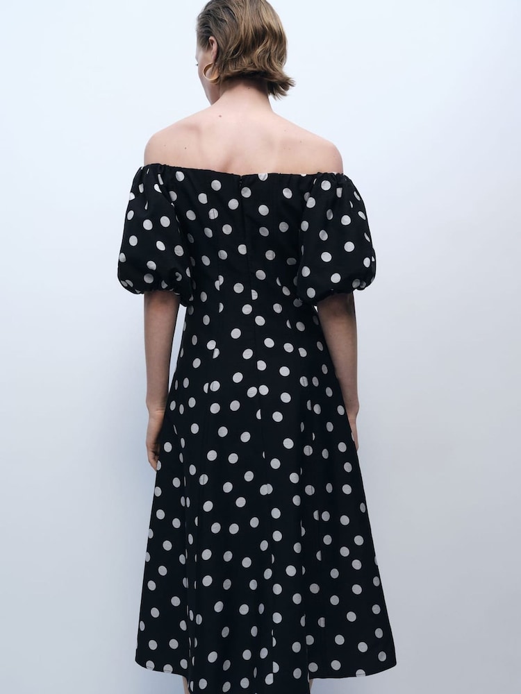 Mango Black Bardot Off Shoulder Polka Dot Occasion Midi Dress - Image 2 of 6