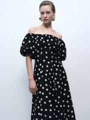 Mango Black Bardot Off Shoulder Polka Dot Occasion Midi Dress - Image 3 of 6