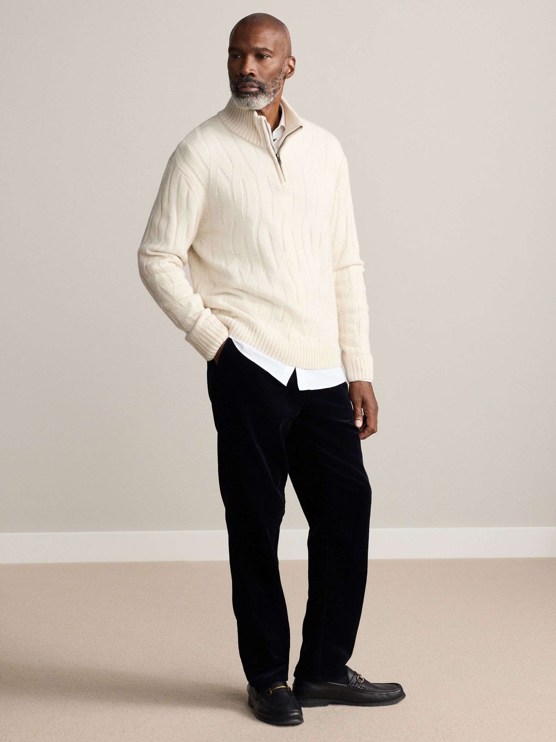 Buy Ecru White Regular Fit Signature 100% Lambswool Cable Quarter