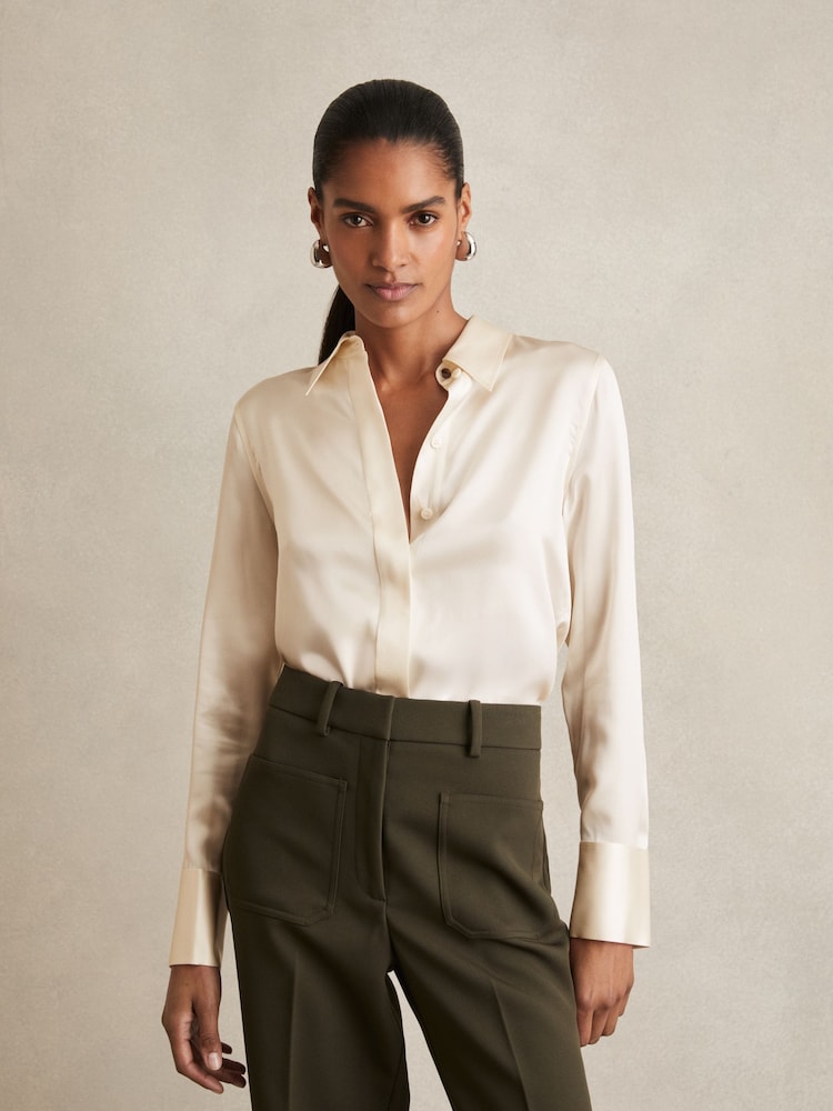 Reiss Ivory Ameira Silk-Satin Concealed-Placket Shirt - Image 1 of 7
