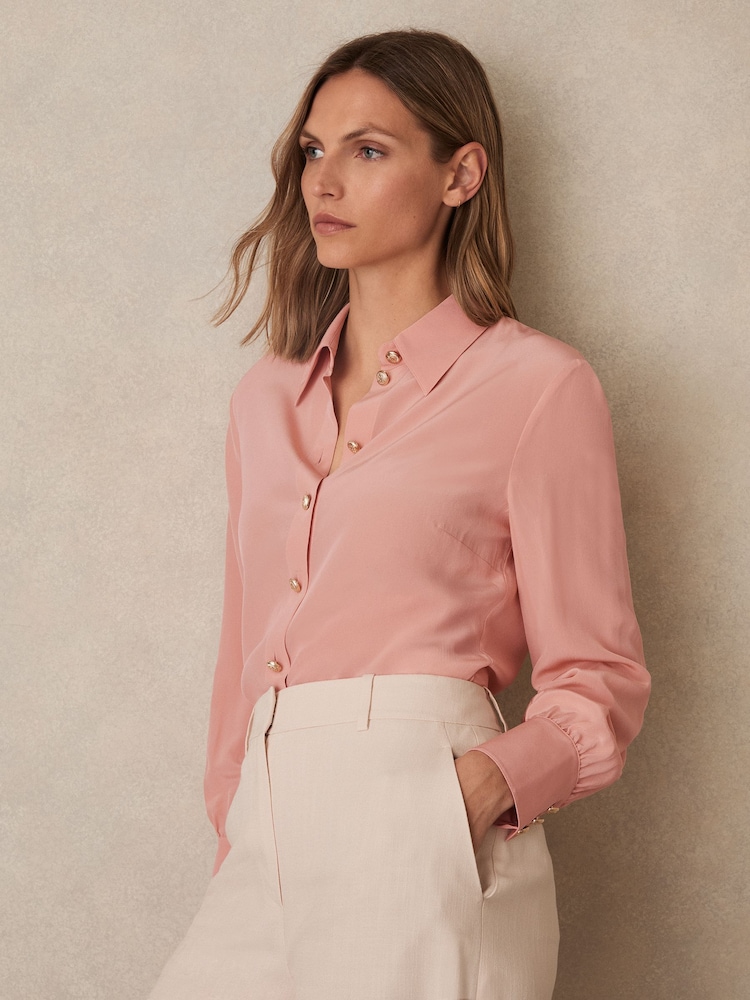 Reiss Pink Gianna Silk Embossed-Button Shirt - Image 1 of 5