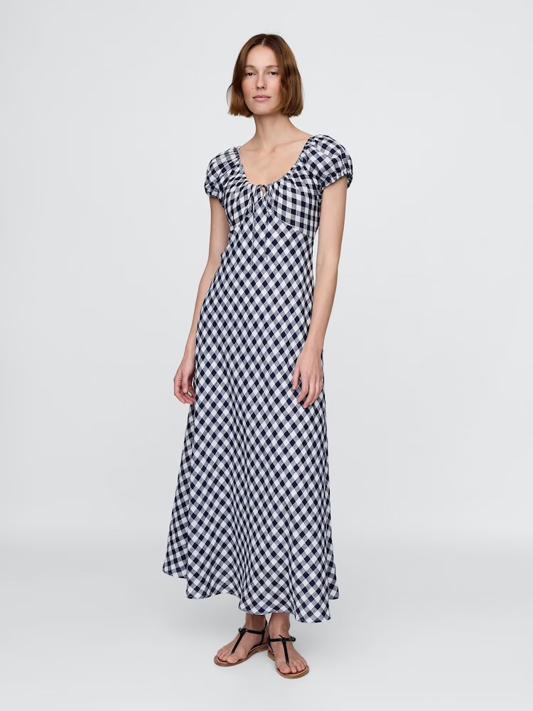 Gap Navy/Blue DÔEN 100% Linen Gingham Maxi Dress - Image 1 of 12