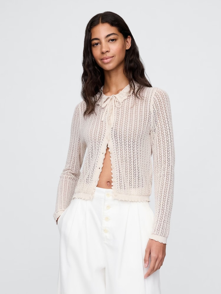 Gap Cream DÔEN Linen-Blend Pointelle Cardigan - Image 1 of 6