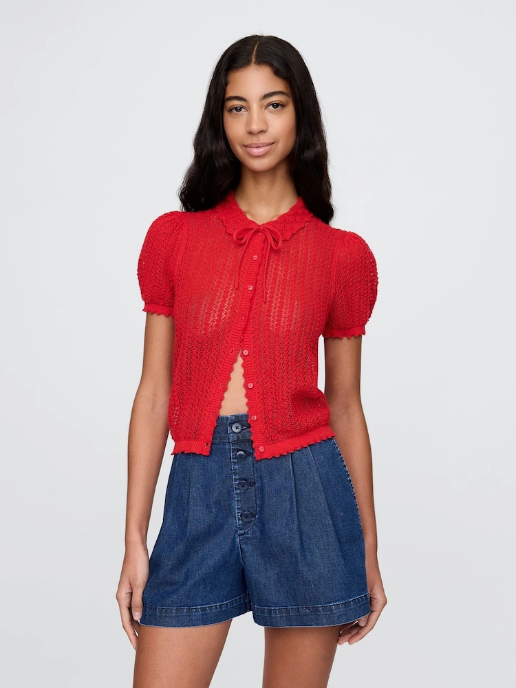 Gap Red DÔEN Linen-Blend Short Sleeve Cardigan - Image 1 of 6