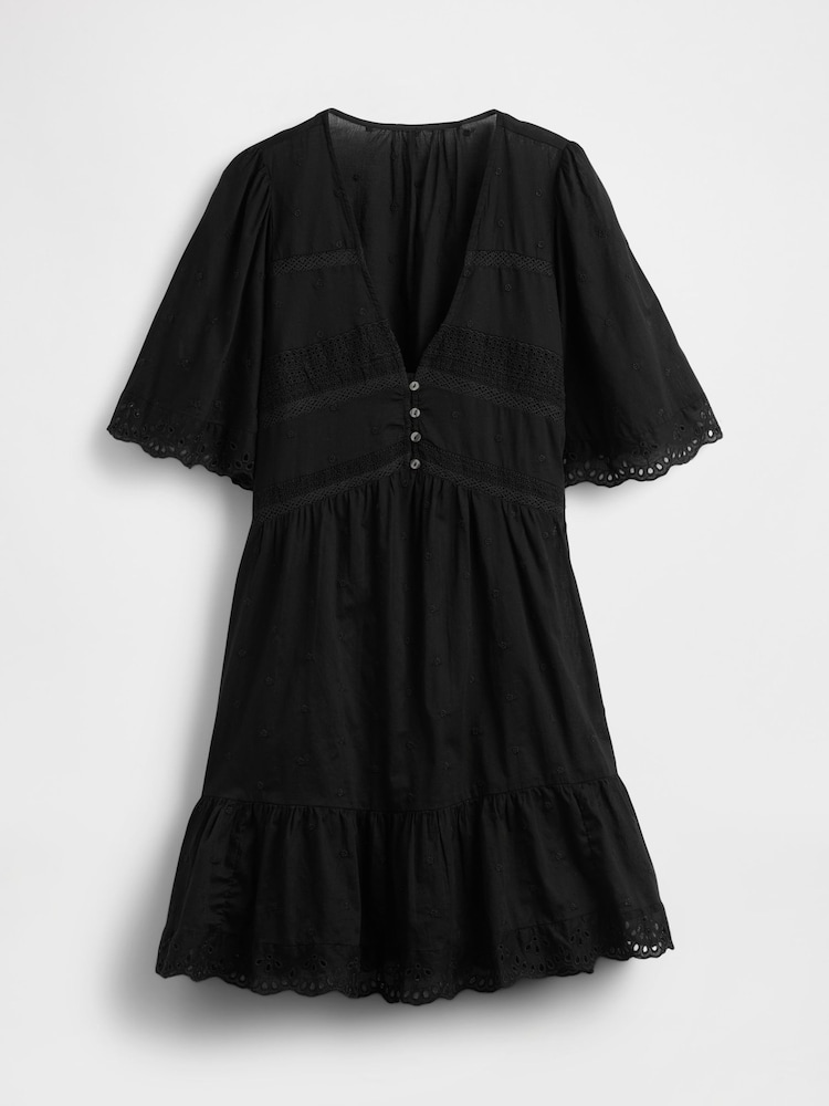 Zwart - Gap Cotton Black Flutter-Sleeve Eyelet Mini Dress - Image 4 of 5