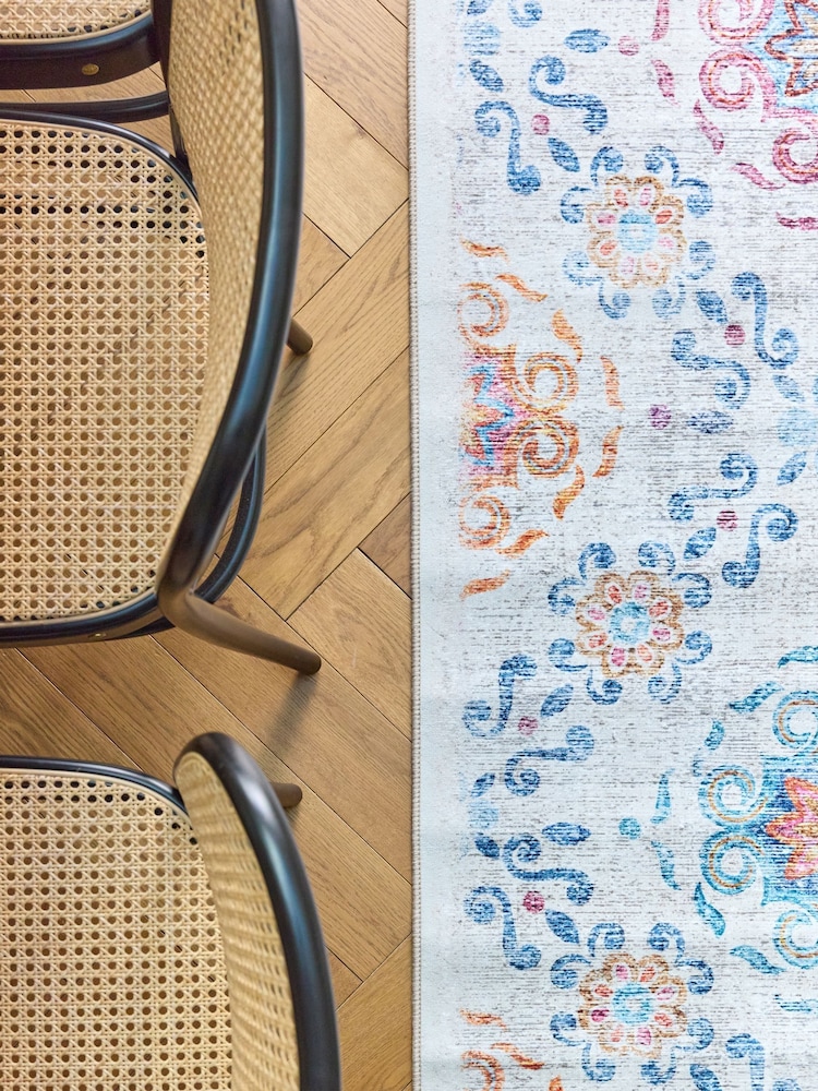 Hug Rug Beige and Blue British Made Washable Modern Damask Rug - Image 6 of 6