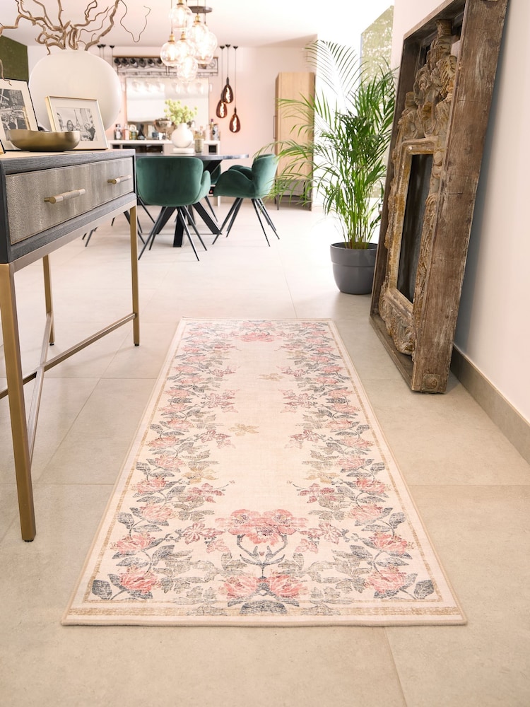 Hug Rug Cream and Floral British Made Washable Botantical Border Rug - Image 1 of 6