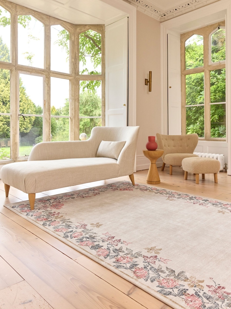 Hug Rug Cream and Floral British Made Washable Botantical Border Rug - Image 2 of 6