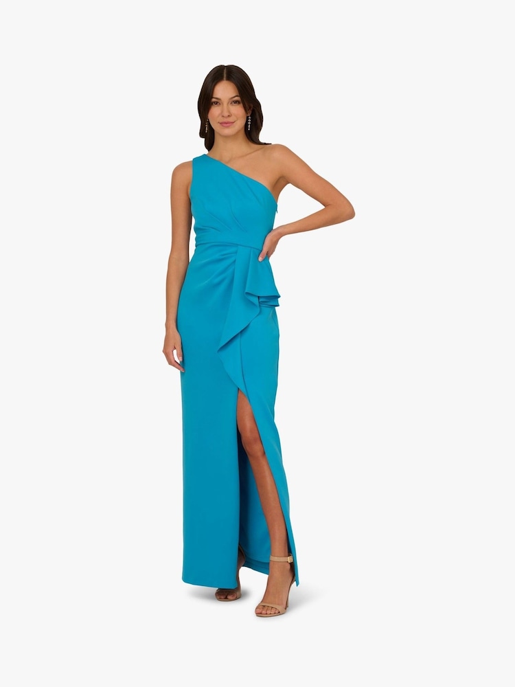 Adrianna Papell Blue One Shoulder Scuba Gown - Image 1 of 6 Adrianna Papell Blue One Shoulder Scuba Gown - Image 1 of 6
