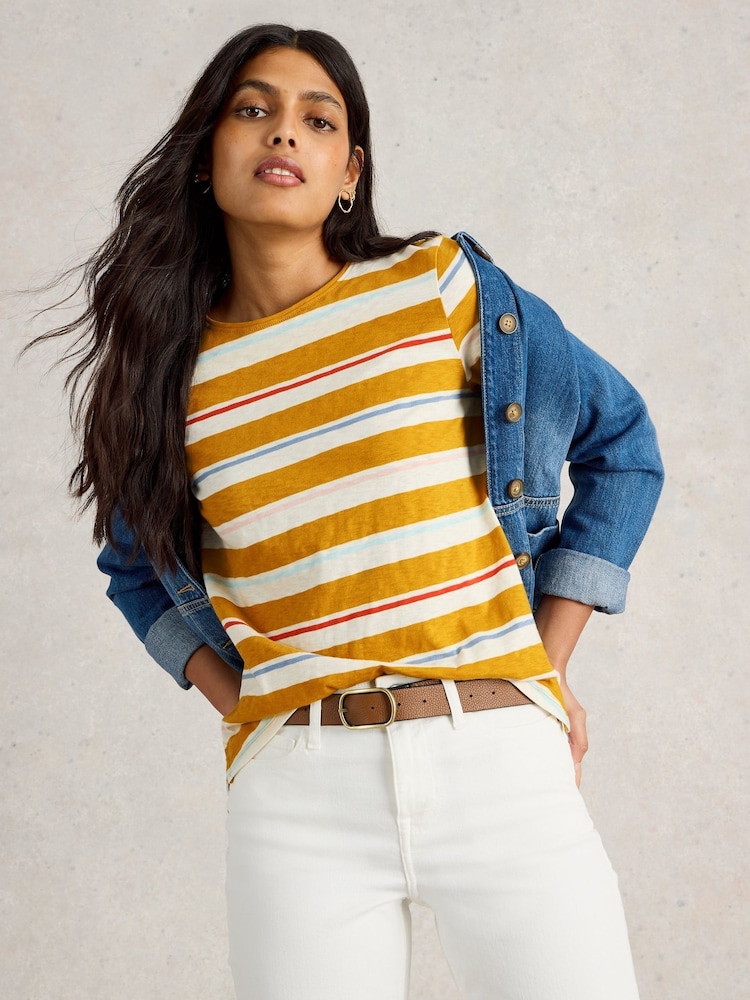 White Stuff Yellow 100% Cotton Abbie Stripe T-Shirt - Image 2 of 6