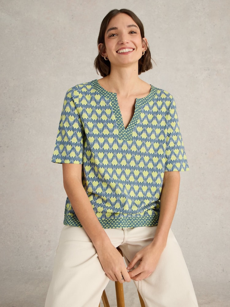 White Stuff Blue Weaver Notch Neck 100% Organic Cotton Top - Image 1 of 6