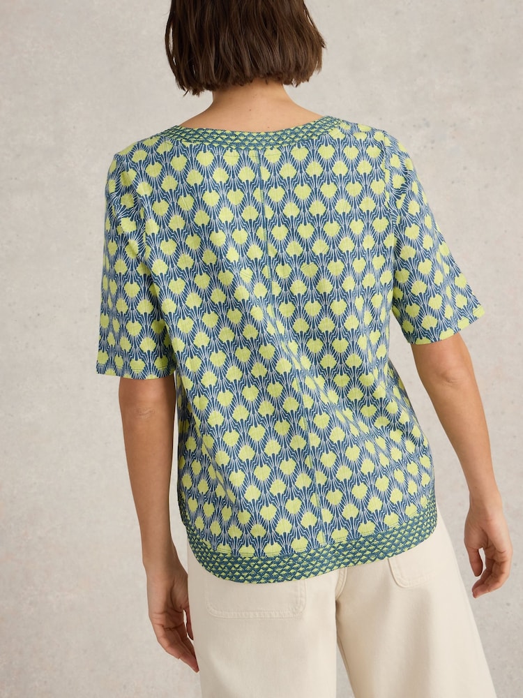 White Stuff Blue Weaver Notch Neck 100% Organic Cotton Top - Image 2 of 6